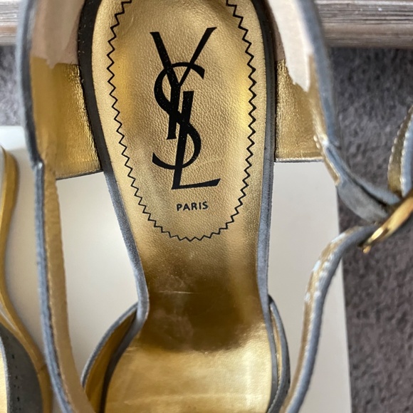 VINTAGE YSL Size 7.5 Grey suede gold/silver wedge with T/strap - Picture 3 of 12